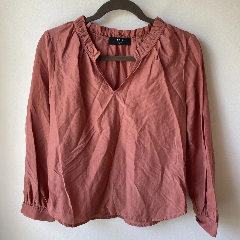 ABLE Blouse Womens XS Pink Cotton Silk Ruffle V-Neck Long Sleeve Boho Minimalist